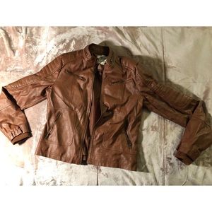 brown leather jacket with cloth cuffs